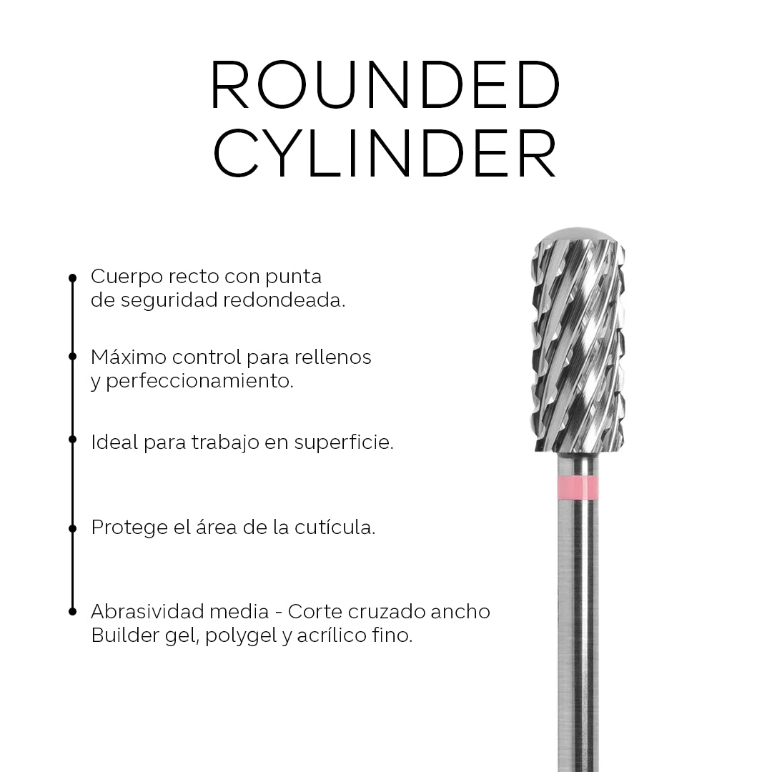 Broca de carburo en forma de cilindro redondeado de la marca Pink Mask, ideal para trabajos de precisión en metal.