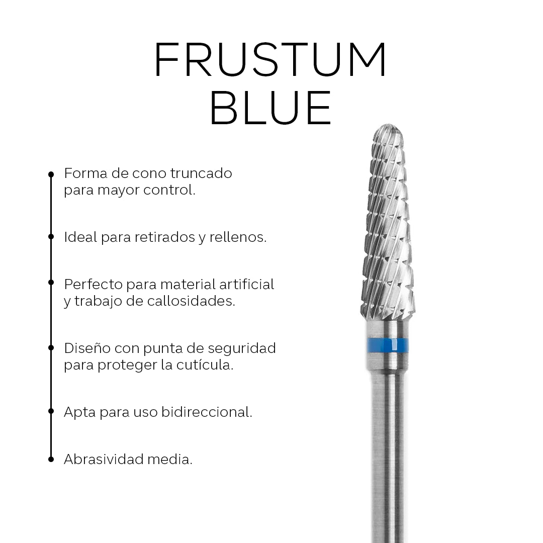 Fresa de carburo en fresa de frustum de 4.0x14 mm de color azul, marca Pink Mask, para trabajos de precisión en metal.