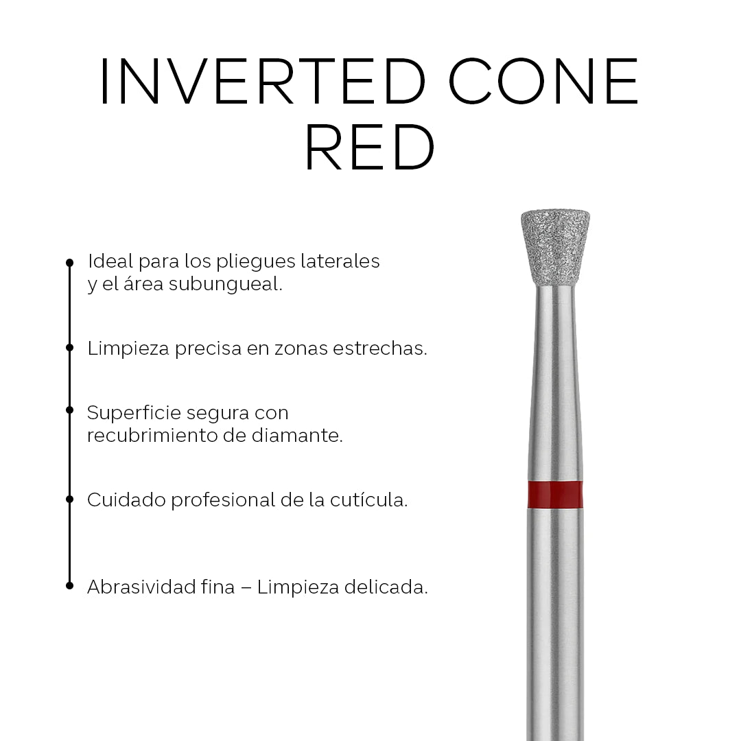 Fresa de diamante en forma de cono invertido roja de la marca Pink Mask, ideal para trabajos de grabado y pulido.