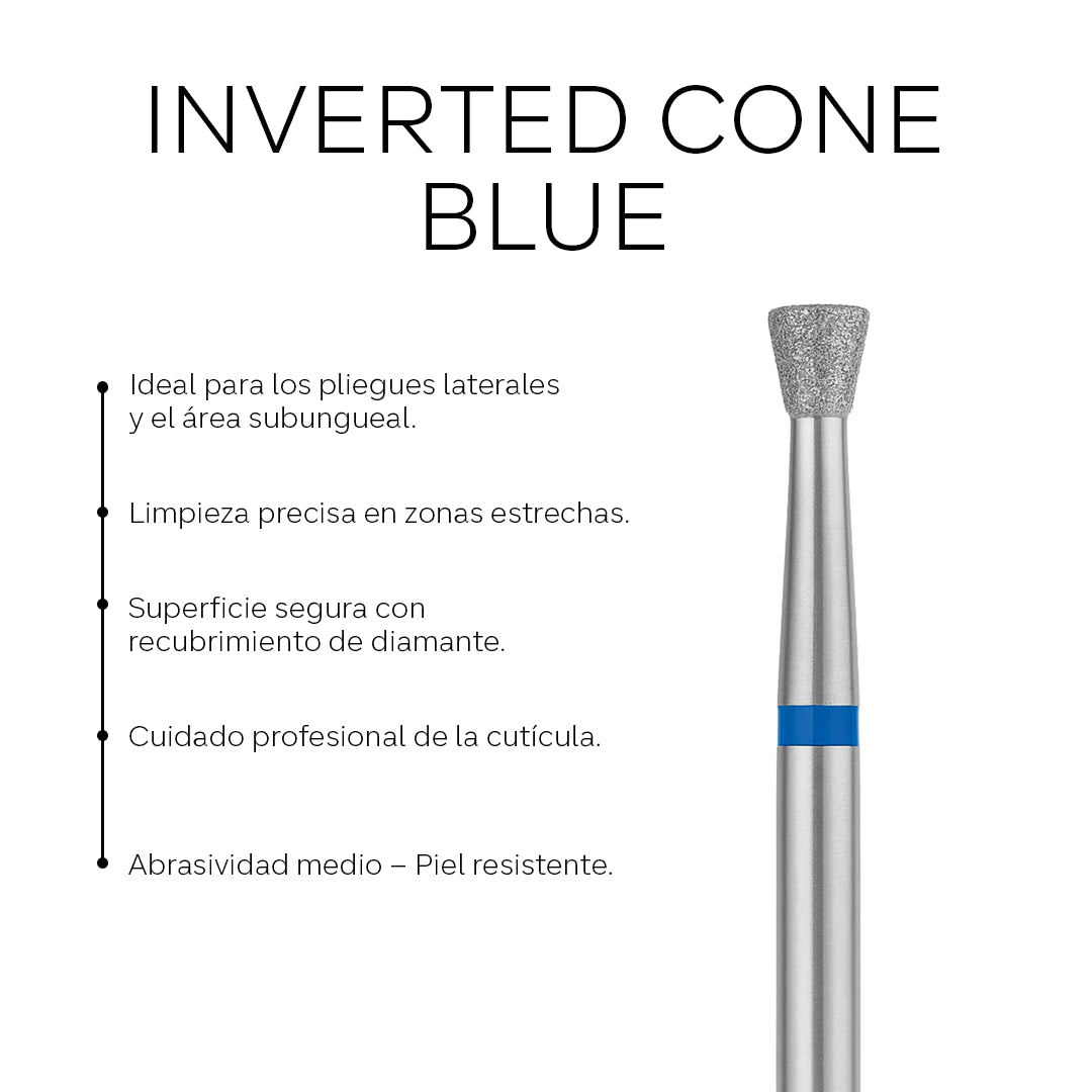 Fresa de diamante en forma de cono invertido azul de la marca Pink Mask, ideal para trabajos de pulido y grabado.