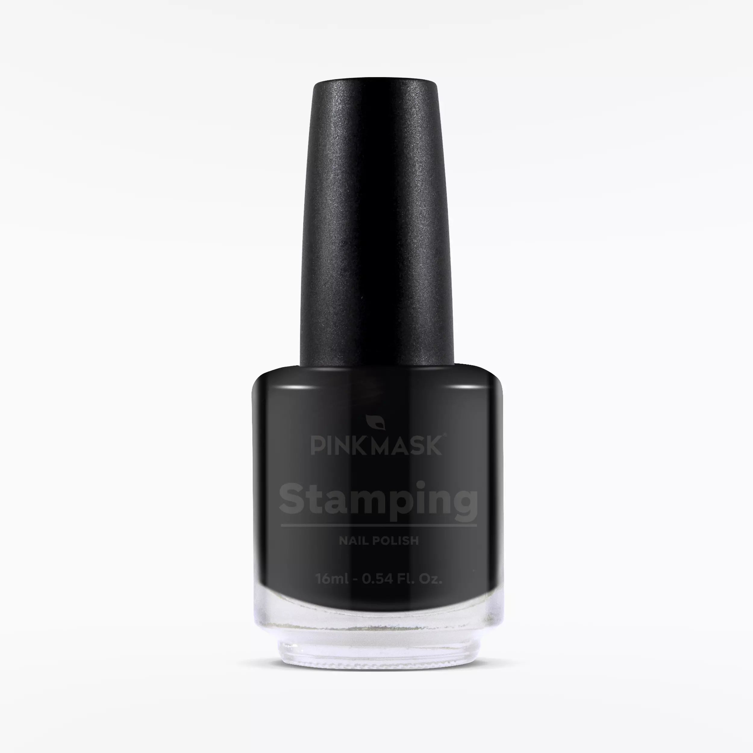 Esmalte para stamping rosa y negro de la marca Mi Tienda, con diseño en máscara rosa y fondo negro para uñas artísticas