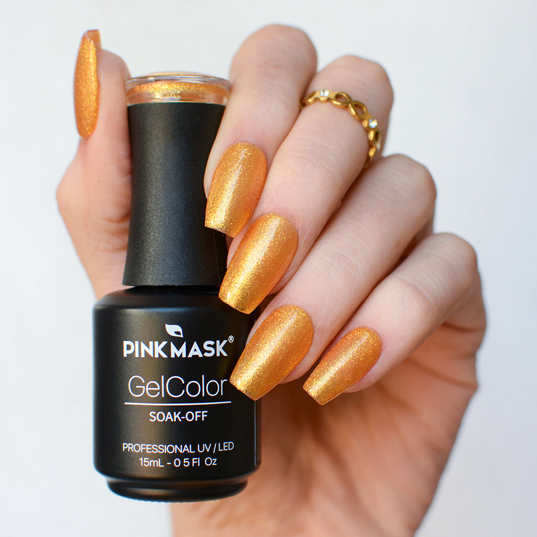 Gel de color Lumos de Mi Tienda, frasco de gel para uñas en tono brillante y vibrante, con etiqueta y tapa blanca.