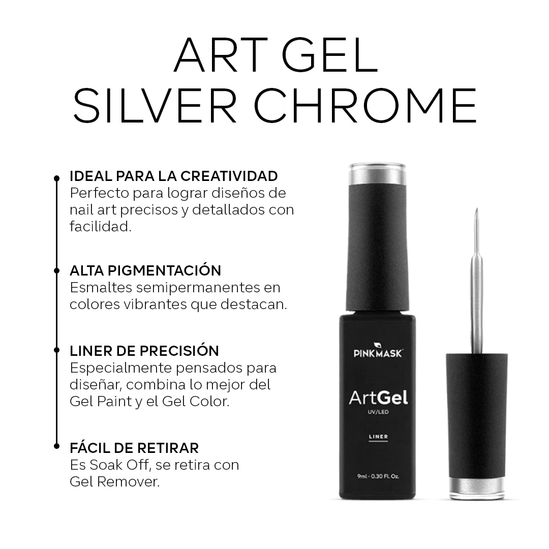 Gel de arte para uñas Pink Mask en color plata cromo, muestra acabado brillante y diseño de uñas con efecto espejo.