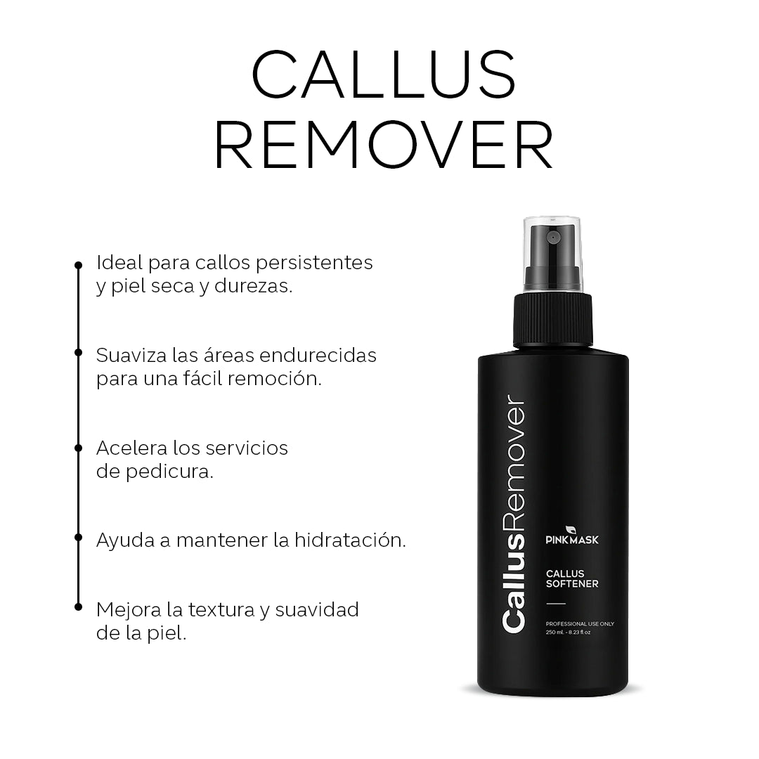 Remover de callos Pink Mask de 250 mL, frasco con producto para suavizar y eliminar callos en piel de pies y manos.