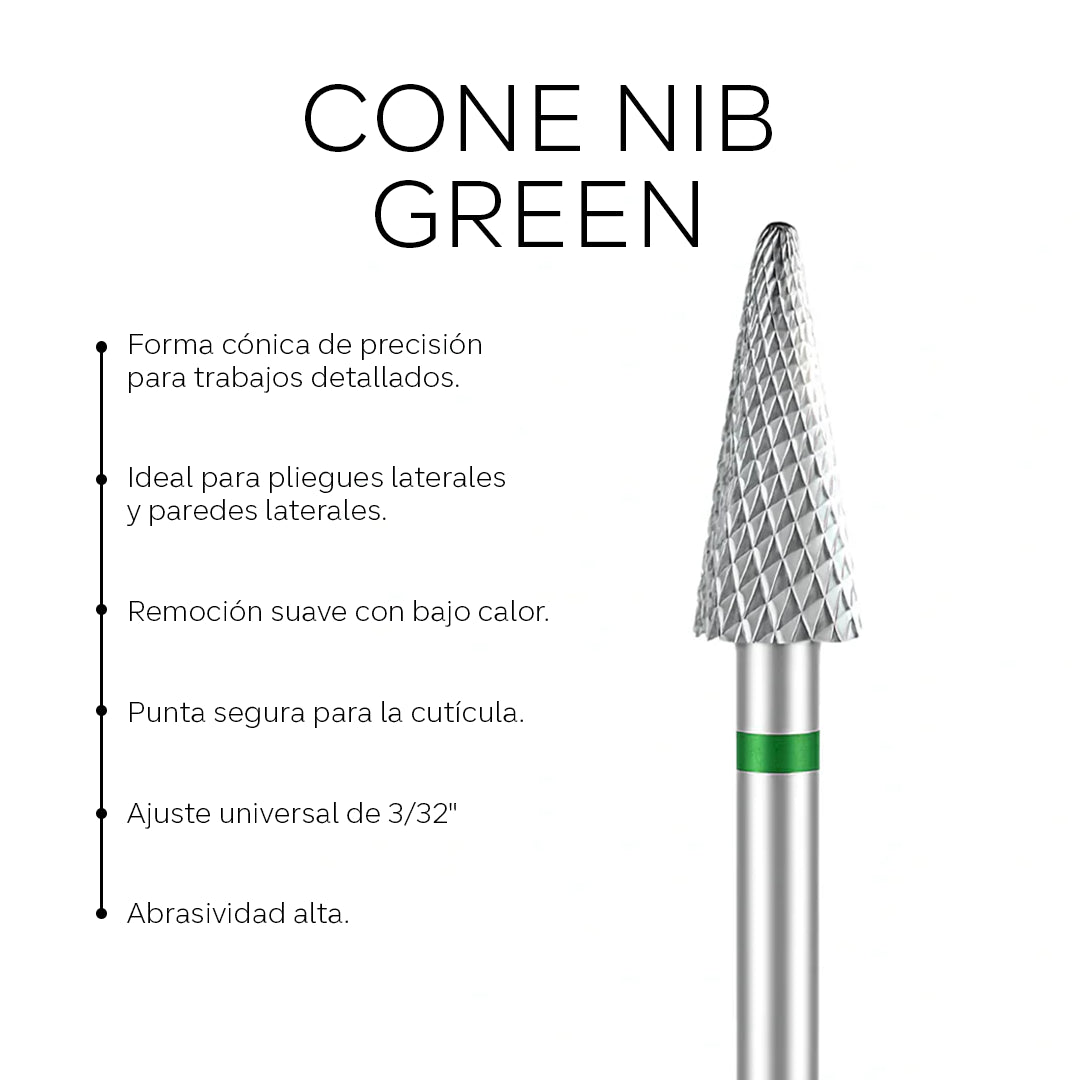 Sierra de carburo en forma de cono verde de la marca Pink Mask, diseñada para trabajos de precisión y acabado.
