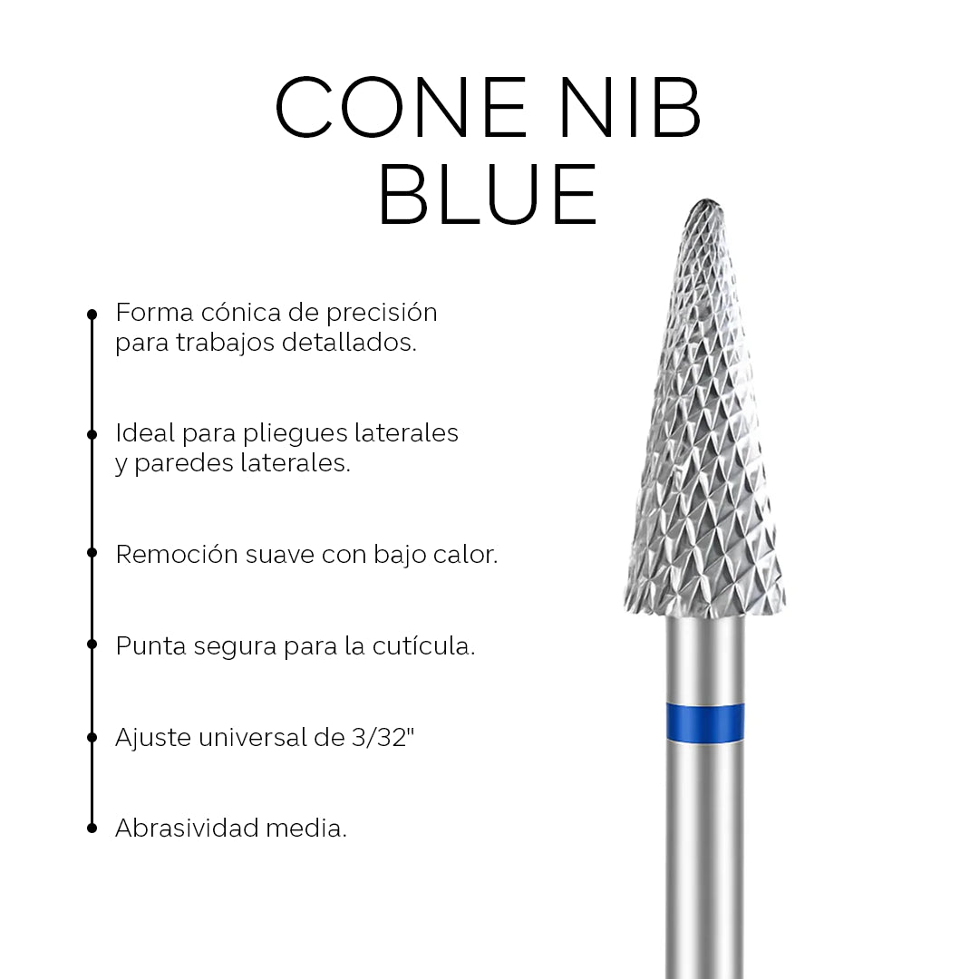 Fresa de carburo en forma de cono con punta en color azul de la marca Pink Mask, utilizada para trabajos de precisión en metal.