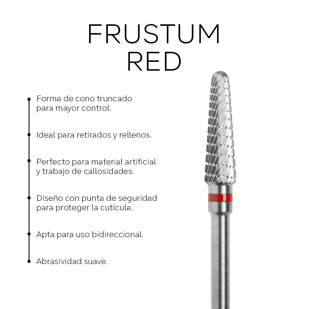Fresa de carburo con forma de frustum de 4.0x14 mm en color rojo, marca Pink Mask, herramienta de corte resistente y duradera.