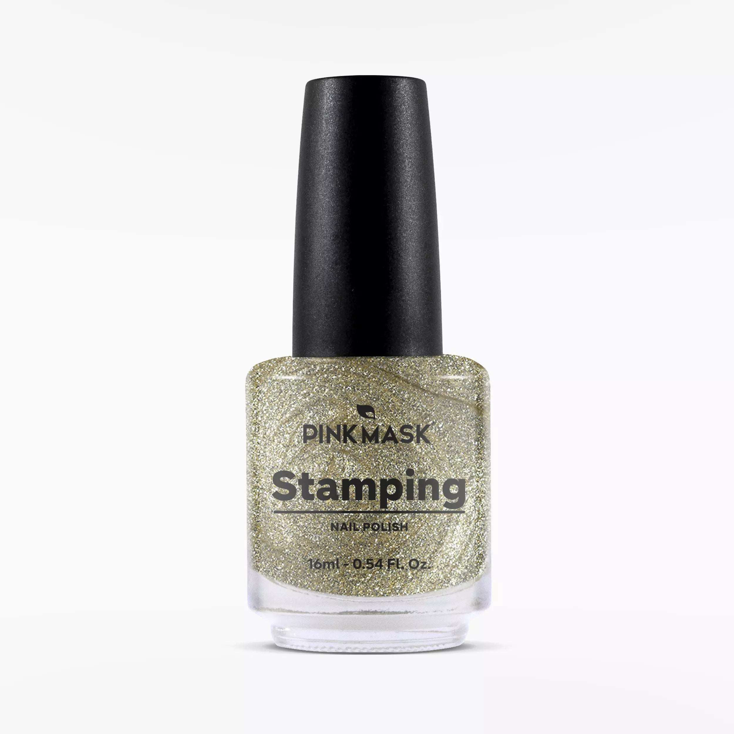 Esmalte para stamping rosa con acabado dorado de la marca Mi Tienda, sobre fondo blanco, para decorar uñas artísticas.