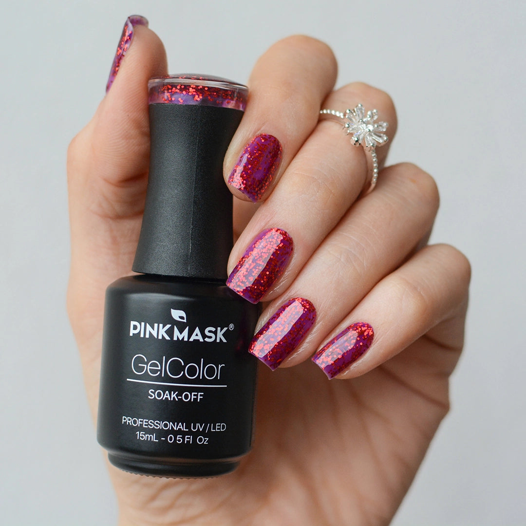 Gel de color Allie de Mi Tienda, frasco con gel de esmalte en tonos vibrantes sobre fondo neutro.