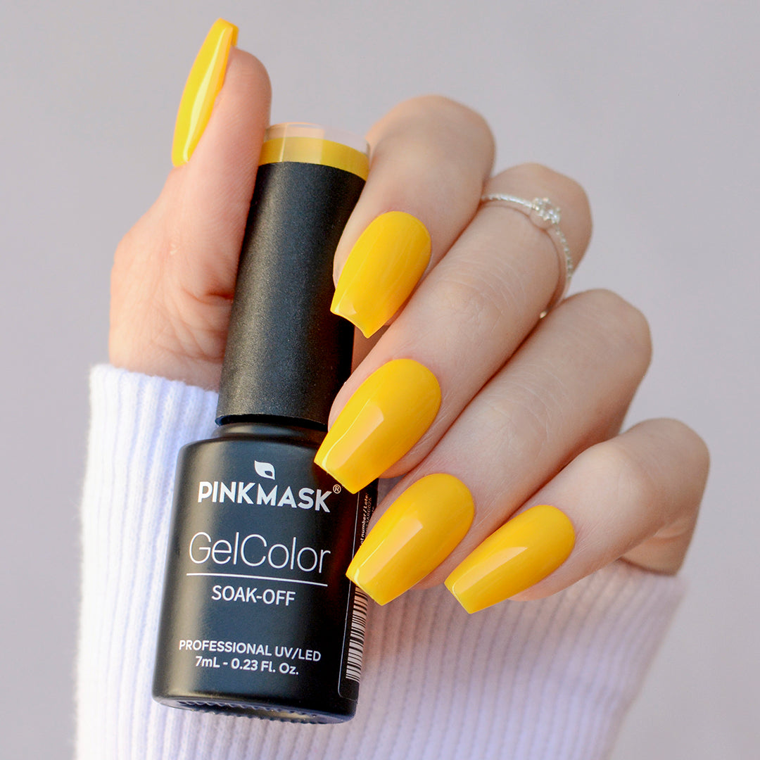 Gel de uñas Mi tienda Walking on Sunshine, color amarillo brillante, 7 ml, con textura cremosa y acabado brillante.